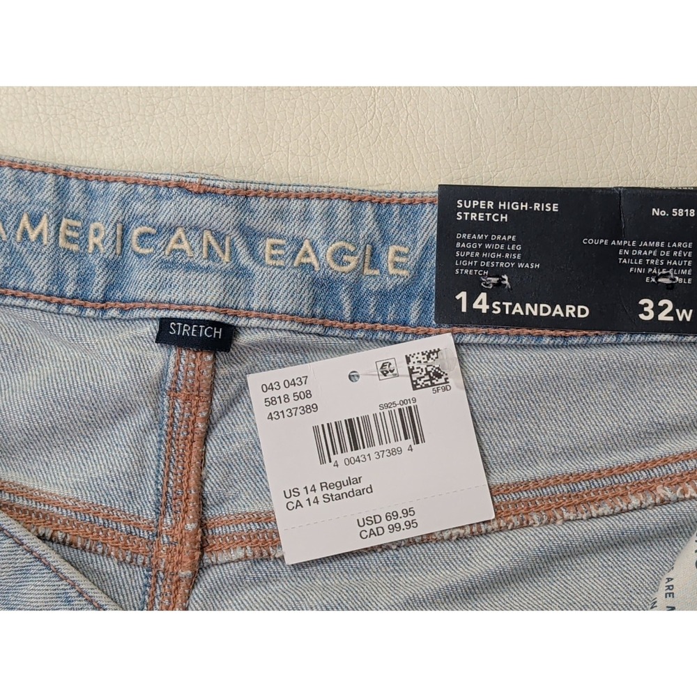 American Eagle Super High Rise Baggy Wide Leg Jeans Womens 14 Blue Distressed - Picture 5 of 9